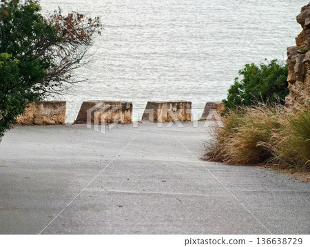 Deserted Shoreline Path With Barriers, Serene Seaside Route Ending With Overgrown Greenery And Barriers Deserted Shoreline Path With Barriers, Serene Seaside Route Ending With Overgrown Greenery And Barriers 136638729