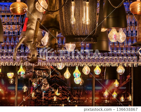 Artistic Ceiling Art With Masks, Theatrical Ceiling Installation Combining Masks And Glowing Lights Artistic Ceiling Art With Masks, Theatrical Ceiling Installation Combining Masks And Glowing Lights 136638867