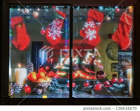 Festive Home Decor, Inviting Winterthemed Window Scene Decorated With Lights And Seasonal Items 136638870