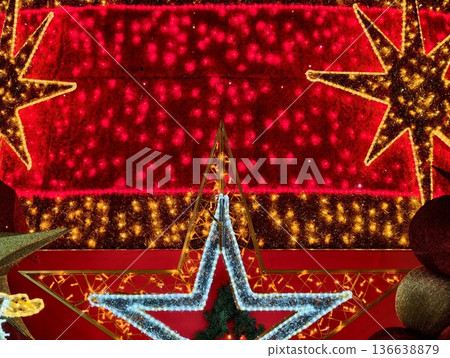 Bright Festive Scene, Colorful Glowing Star Arrangement With Shimmering Effects And Golden Accents Bright Festive Scene, Colorful Glowing Star Arrangement With Shimmering Effects And Golden Accents 136638879