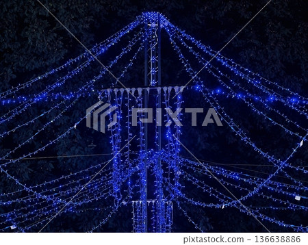 Decorative Blue Lighting Adorns Park Pathway, LED String Lights Form Luminous Canopy Over Walking Area Decorative Blue Lighting Adorns Park Pathway, LED String Lights Form Luminous Canopy Over Walking Area 136638886