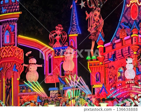 Colorful Night Scene With Lights, Vivid Neon Lights Illuminate Joyful Holiday Castle Facades 136638888