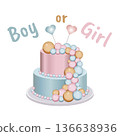 Gender party Cake with round Balloons pink, blue, gold in pastel colors. with two hearts. Isolated illustration for gender party greeting cards or invitations. 136638936