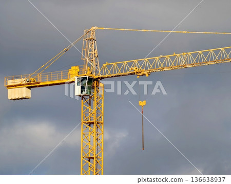 Industrial Crane With Details, High Contrast Image Of Crane Boom Showing Rigging And Pulley Mechanisms Industrial Crane With Details, High Contrast Image Of Crane Boom Showing Rigging And Pulley Mechanisms 136638937