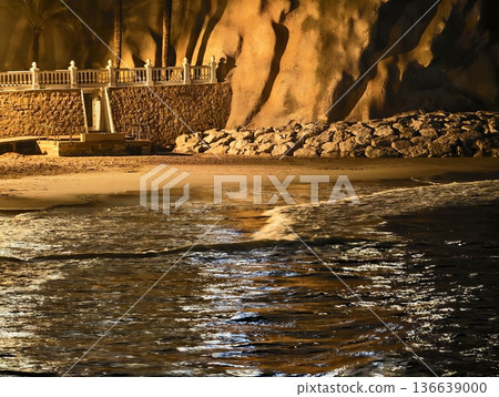 Sunset Shoreline With Illuminated Pathway, Calm Nighttime Beach With Glowing Promenade And Silhouette Trees Sunset Shoreline With Illuminated Pathway, Calm Nighttime Beach With Glowing Promenade And Silhouette Trees 136639000