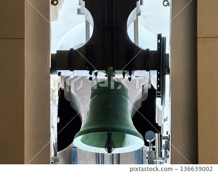 Heritage Restoration Highlights Aged Bronze Bell Amid Urban Architectural Framework With Texture Heritage Restoration Highlights Aged Bronze Bell Amid Urban Architectural Framework With Texture 136639002
