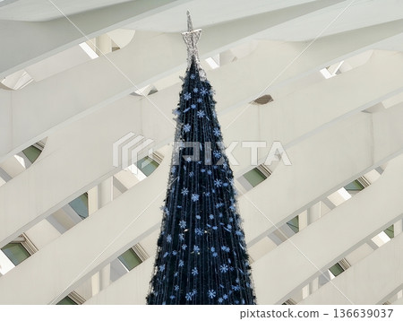 Stylish Indoor Christmas Arrangement With Shimmering Blue Lights And Intricate Design Elements 136639037