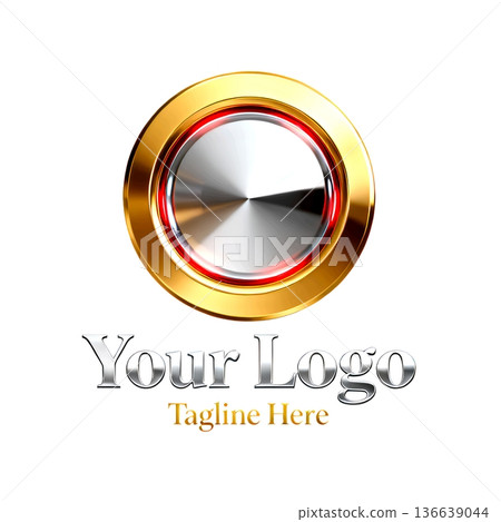 A sleek golden and silver metallic button or emblem with a vibrant red inner glow. Perfect for branding, logos, or as a modern design element. Ideal for technology, business, or luxury themes. 136639044