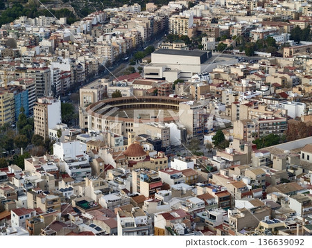 Cityscape With Arena, Aerial Perspective Showcasing Traditional Architecture And Neighborhood Charm Cityscape With Arena, Aerial Perspective Showcasing Traditional Architecture And Neighborhood Charm 136639092