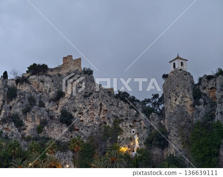 Remote Mountain Hermitage Features Dramatic Limestone Formations And Glowing Village Illumination At Twilight Remote Mountain Hermitage Features Dramatic Limestone Formations And Glowing Village Illumination At Twilight 136639111