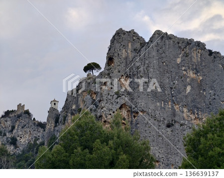 Rock Formations With Spiritual Solitude Site, Breathtaking Ridge With Limestone Faces And Cloudy Horizon 136639137