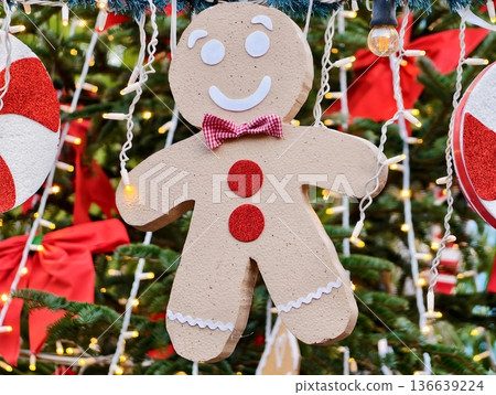 Vibrant Holiday Retail Scene Showcasing Gingerbread Character Adorned With Sweets And Shimmering Lighting Vibrant Holiday Retail Scene Showcasing Gingerbread Character Adorned With Sweets And Shimmering Lighting 136639224