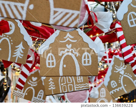 Warm Toned Gingerbread House Tags Featuring Icing Designs And Twine Loops For Holiday Display Warm Toned Gingerbread House Tags Featuring Icing Designs And Twine Loops For Holiday Display 136639228