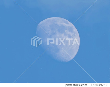 Bright Moon In Tranquil Daytime Sky, Peaceful Moonlit Scene In Clear Blue Sky Perfect For Travel Imagery 136639252