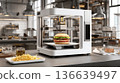 Realistic food printer in a modern test kitchen with a burger and fries on the counter, showcasing advanced culinary technology 136639497