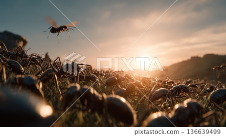 Close-up view of numerous ants on grass with a flying insect against a sunset background, highlighting pest control challenges in nature 136639499