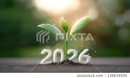 Delicate glowing seedling emerging from soil with the year 2026 displayed in white numbers, surrounded by soft light and natural greenery 136639500