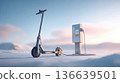 Dark grey electric scooter charging at a station in a snowy landscape with soft pastel colors in the background 136639501