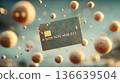 Modern credit card mock up floating among abstract spheres in a cinematic fintech advertisement with copy space for design elements 136639504