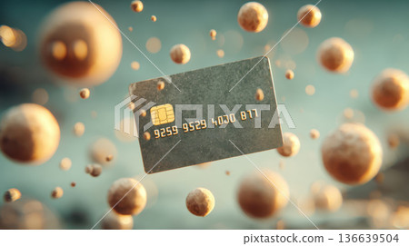 Modern credit card mock up floating among abstract spheres in a cinematic fintech advertisement with copy space for design elements 136639504