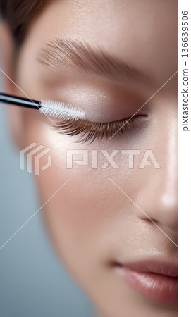 Close up of eyelash lamination process on a woman's eye, beauty magazine editor applying treatment with a brush in a professional setting 136639506