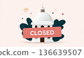 Cartoon illustration of a white dome building with a large red CLOSED sign in front, surrounded by green leaves and a soft pastel background 136639507