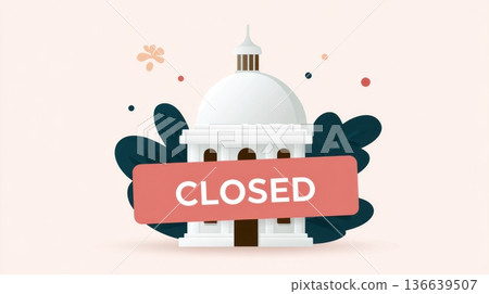 Cartoon illustration of a white dome building with a large red CLOSED sign in front, surrounded by green leaves and a soft pastel background 136639507