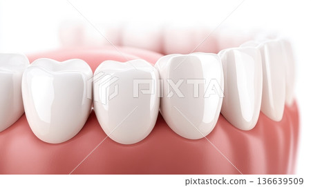 Ultra realistic 3D render of front teeth with E-max veneer, showcasing detailed dental structure and gum tissue in a close-up view 136639509