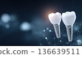 Dental implant mockup featuring two white tooth-shaped components with metallic screws on a blurred digital background with copy space 136639511