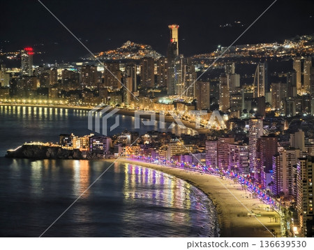 Bright Coastal Evening Scenery, Lively Urban Shoreline Illuminated With Neon And Shimmering Reflections 136639530