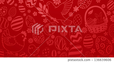 Easter eggs and bunnies on red. 136639606