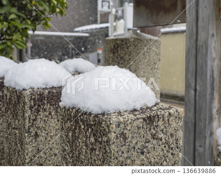 Snow piled up on stone pillars on a winter street corner Snow piled up on stone pillars on a winter street corner 136639886