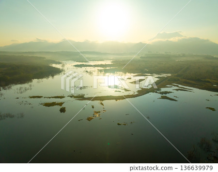 Aerial view sunrise or sunset sky over lake in Krabi Thailand 136639979