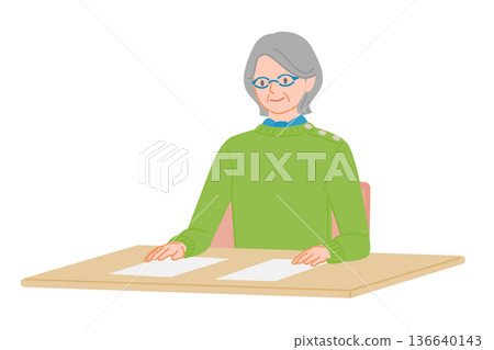 Illustration of a senior woman spreading out documents at her desk and comparing them Illustration of a senior woman spreading out documents at her desk and comparing them 136640143