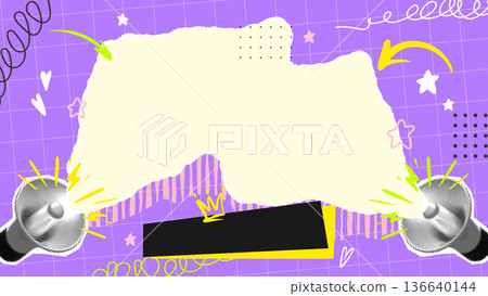 Two Megaphones Rough Paper Frame Copy Space on Bright Pop Art Retro Collage Poster Background for Social Media Alarm Message, Trendy Announcement or Event Promotion. Vector Illustration Two Megaphones Rough Paper Frame Copy Space on Bright Pop Art Retro Collage Poster Background for Social Media Alarm Message, Trendy Announcement or Event Promotion. Vector Illustration 136640144