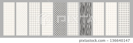Minimal Geometric Seamless Pattern Set with Dots Grids, Lines and Abstract Textures for Notebook Sheets, Wrapping, Textile. Modern Vector Background Collection for Branding Packaging Web Print Design Minimal Geometric Seamless Pattern Set with Dots Grids, Lines and Abstract Textures for Notebook Sheets, Wrapping, Textile. Modern Vector Background Collection for Branding Packaging Web Print Design 136640147