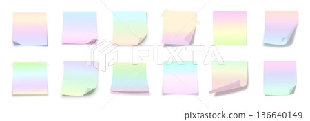 Pastel Gradient Sticky Notes Set with Soft Rainbow Colors, Realistic Paper Sheets and Curled Corners for Reminder, Memo, Planning Creative Design Pages Mockup. Front View. Vector Illustration Pastel Gradient Sticky Notes Set with Soft Rainbow Colors, Realistic Paper Sheets and Curled Corners for Reminder, Memo, Planning Creative Design Pages Mockup. Front View. Vector Illustration 136640149