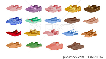 Color flat shoes pair set. Trendy slingback flats, bright ballerina, Mary Jane, espadrille, loafer, moccasin, mule Color flat shoes pair set. Trendy slingback flats, bright ballerina, Mary Jane, espadrille, loafer, moccasin, mule 136640167