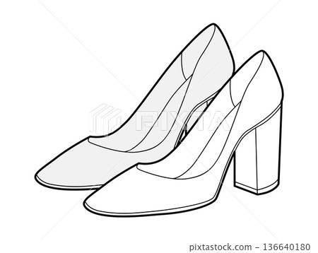 Block heel pump women sketch pair. Stable dress footwear for office, wedding, everyday outfit. Technical illustration 136640180
