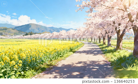 陽光明媚的春日，一條鄉村公路兩旁櫻花盛開，油菜花田綿延，遠處群山盡收眼底。 136640253