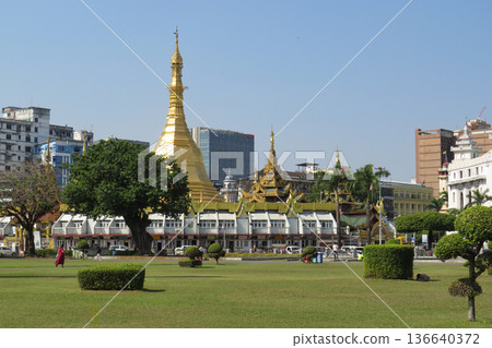 Sule Pagoda as seen from Maha Bandula Park in Yangon Sule Pagoda as seen from Maha Bandula Park in Yangon 136640372