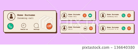 Retro 90s mobile phone notification screen interface with incoming call, talking, and video call alerts in vintage style. Classic smartphone communication display. Vector illustration isolated. Retro 90s mobile phone notification screen interface with incoming call, talking, and video call alerts in vintage style. Classic smartphone communication display. Vector illustration isolated. 136640380