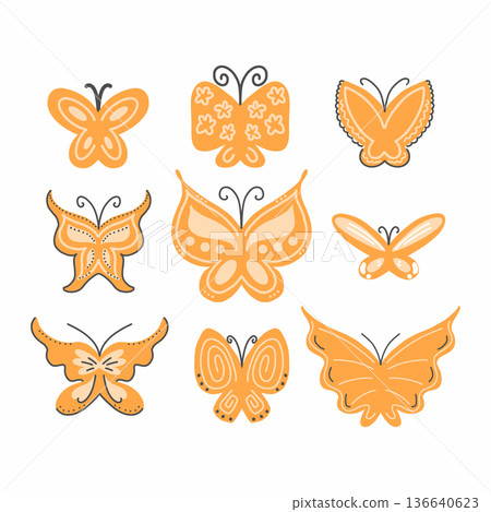 collection of illustrations with cute orange doodle butterflies. collection of illustrations with cute orange doodle butterflies. 136640623