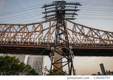 A detailed view of the Queensboro Bridge structure and the supporting tower for the Roosevelt Island Tramway. The strong steel framework and cables contrast with the modern skyscrapers and soft 136640797