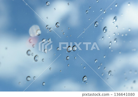 water drop on mirror with blue sky and white cloud background 136641080