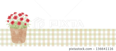 盆栽紅色康乃馨，格子背景，橫幅，水彩風格 136641116