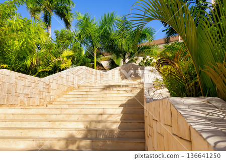 Design of rocky stairs surrounded with palms in a tropical resort. 136641250