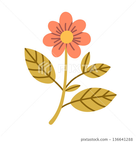 Flat vector illustration of a cute blooming flower with leaves in a minimal style. Isolated on white background, perfect for spring designs, floral decorations, stickers, prints, cards, modern graphic 136641288