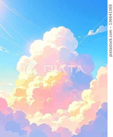 夢幻般的背景插圖 3：積雨雲和日落時分染成藍色的天空 / 傳單和海報素材 136641369