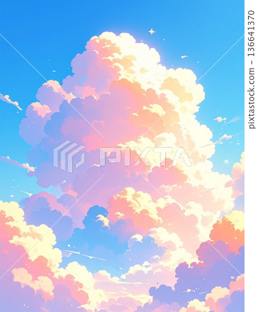 夢幻般的背景插圖 2：積雨雲和日落時分染成藍色的天空 / 可用於傳單和海報設計 136641370